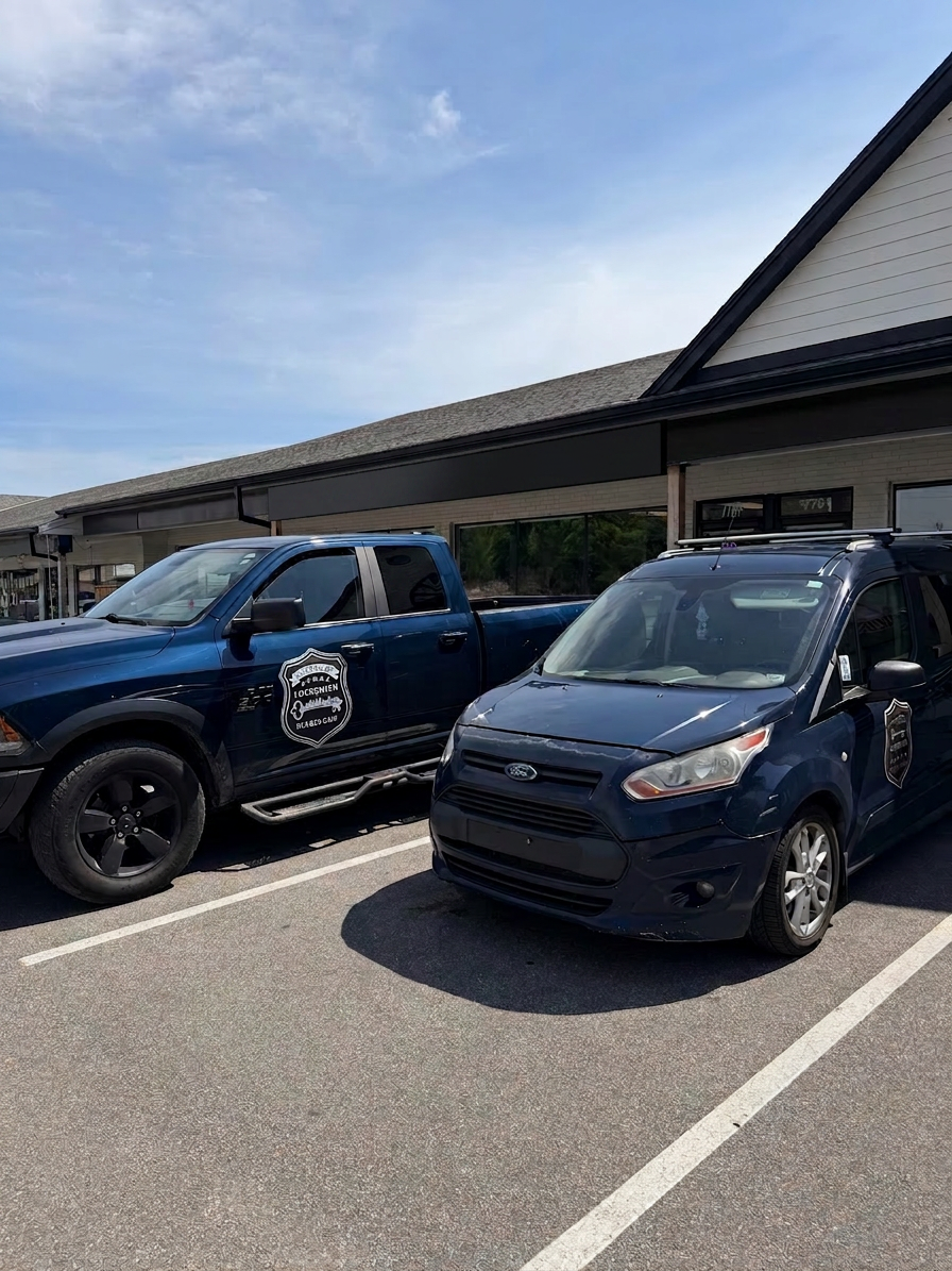 Marked Overland Park Locksmith service vehicles parked at the 7791 Quivira Rd storefront in Lenexa